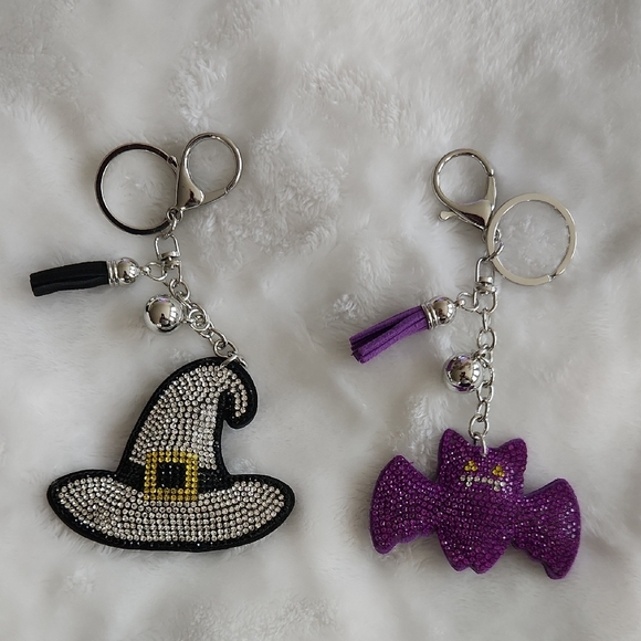 Sparkly Rhinestone Witch Hat and Bat Keychain Set - Picture 1 of 4